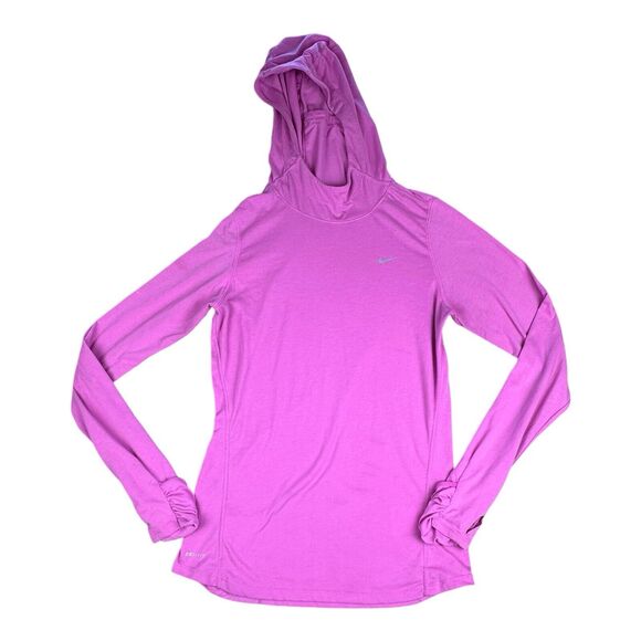 NIKE Long Sleeve pink Running Dri-Fit thin hoodie Hand Covers and Pocket Small - Picture 1 of 8